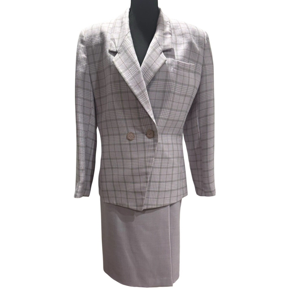 Vintage John Meyer Lavender White Plaid 2pc Skirt Suit Lined Double-Breasted 12